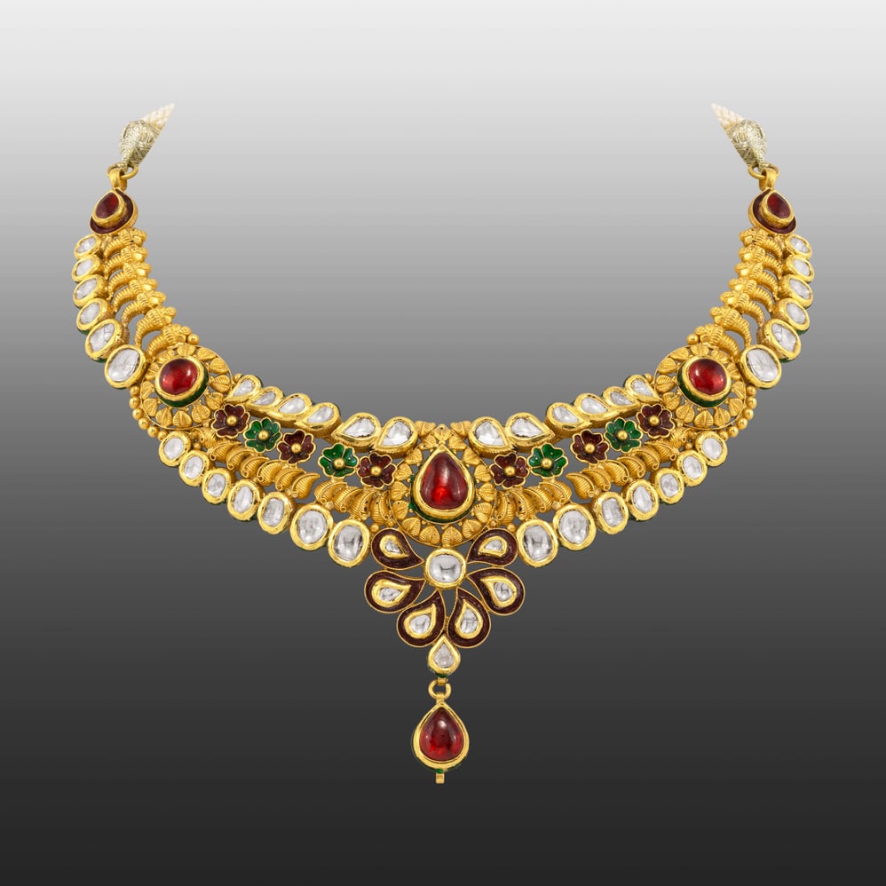 Traditional Necklace with Polki, Red & Green Enamel